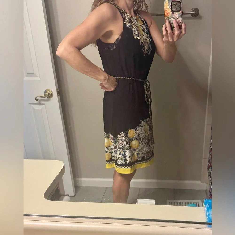White House Black Market Black Halter Dress with Yellow Floral Trim NEW, Large - Picture 7 of 7